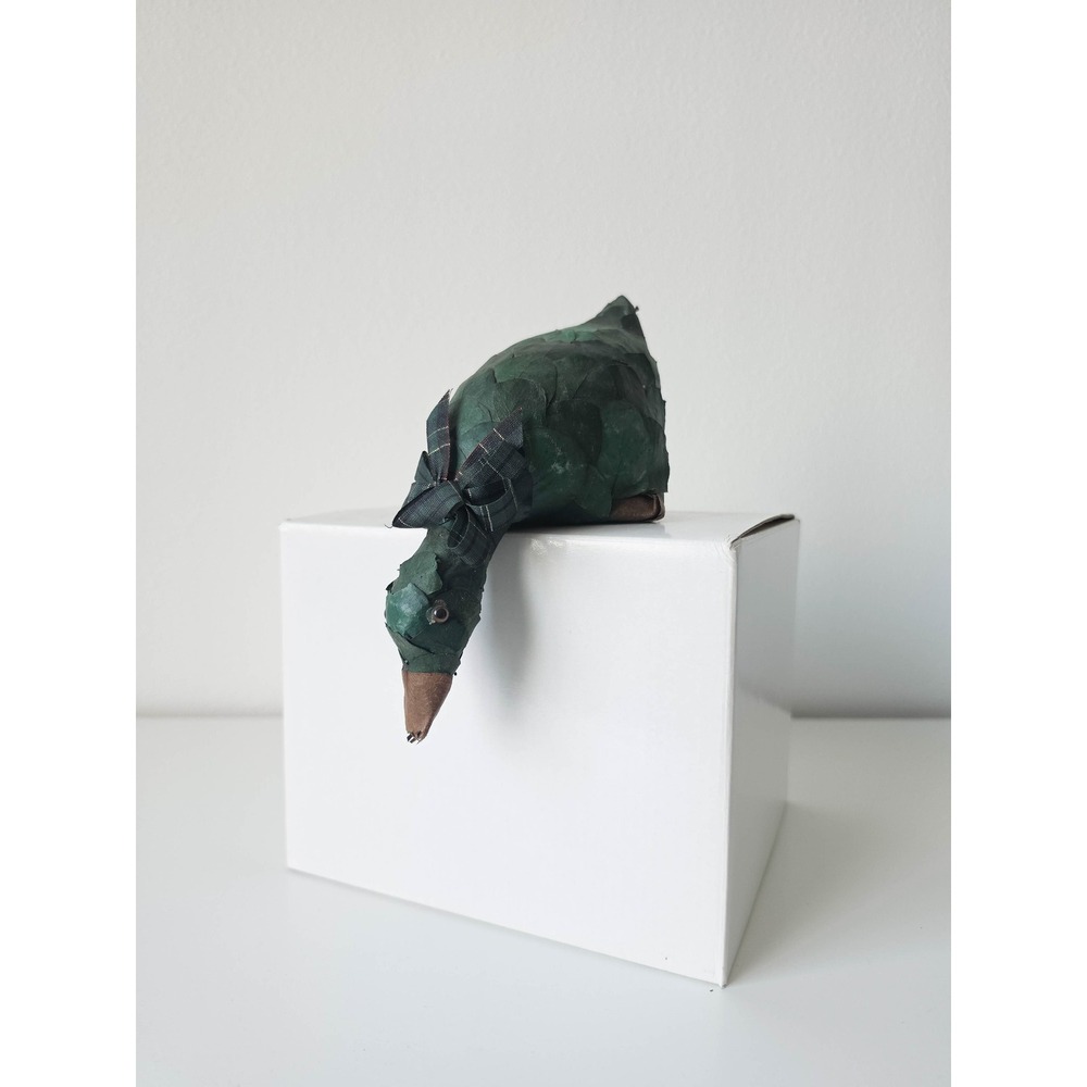 Green Eucalyptus Leaf Duck Figurine Plaid Bow Folk Art Decor - Syndi & Company